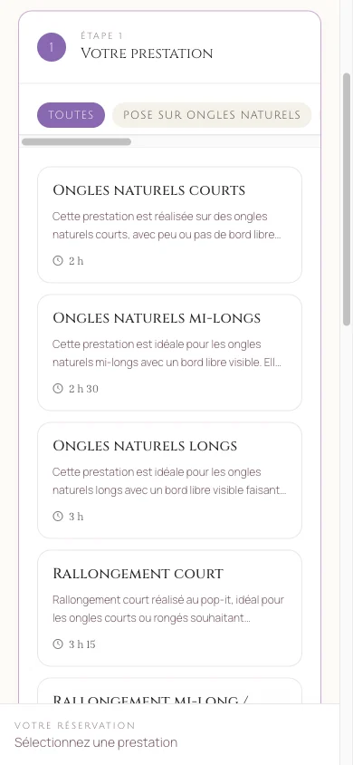 La liste des prestations du salon, chacune avec sa durée
