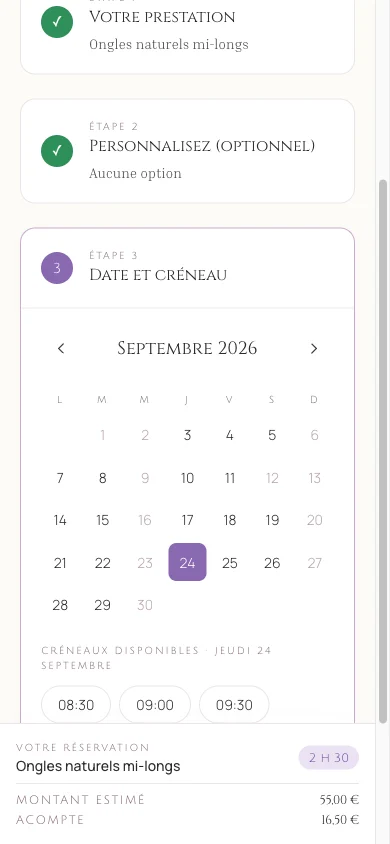Le calendrier des disponibilités, les créneaux libres du jour et le récapitulatif avec le montant de l’acompte