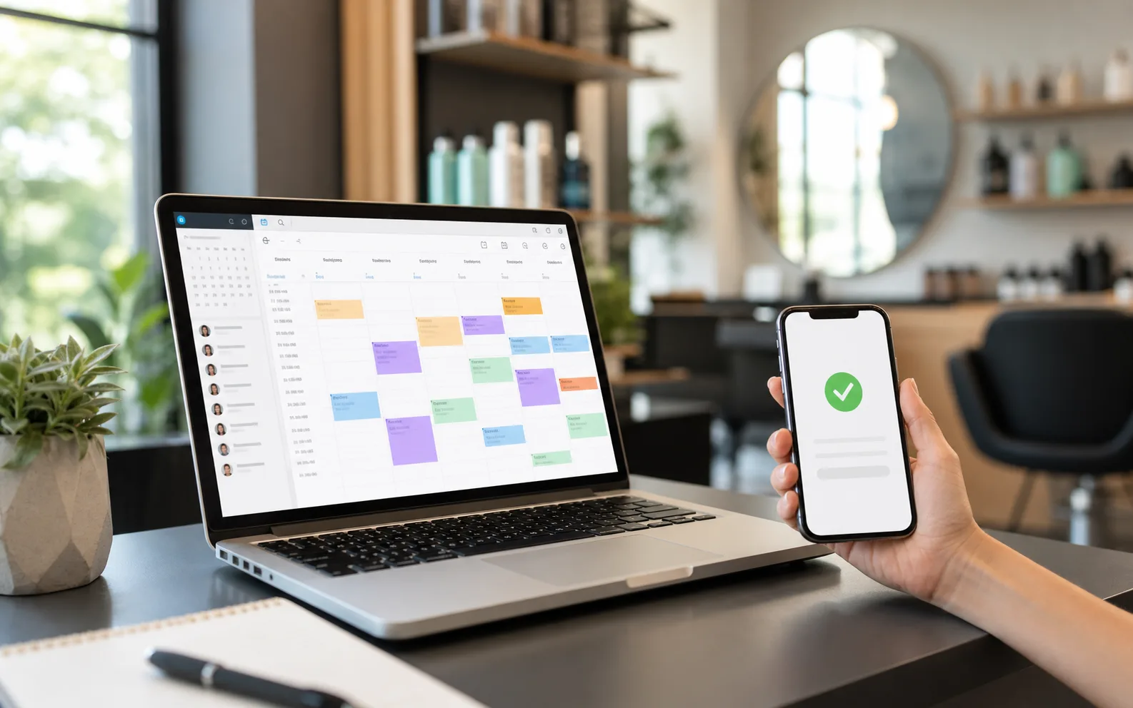 Ordinateur et smartphone affichant un calendrier de réservation en ligne avec confirmation de rendez-vous pour petite entreprise