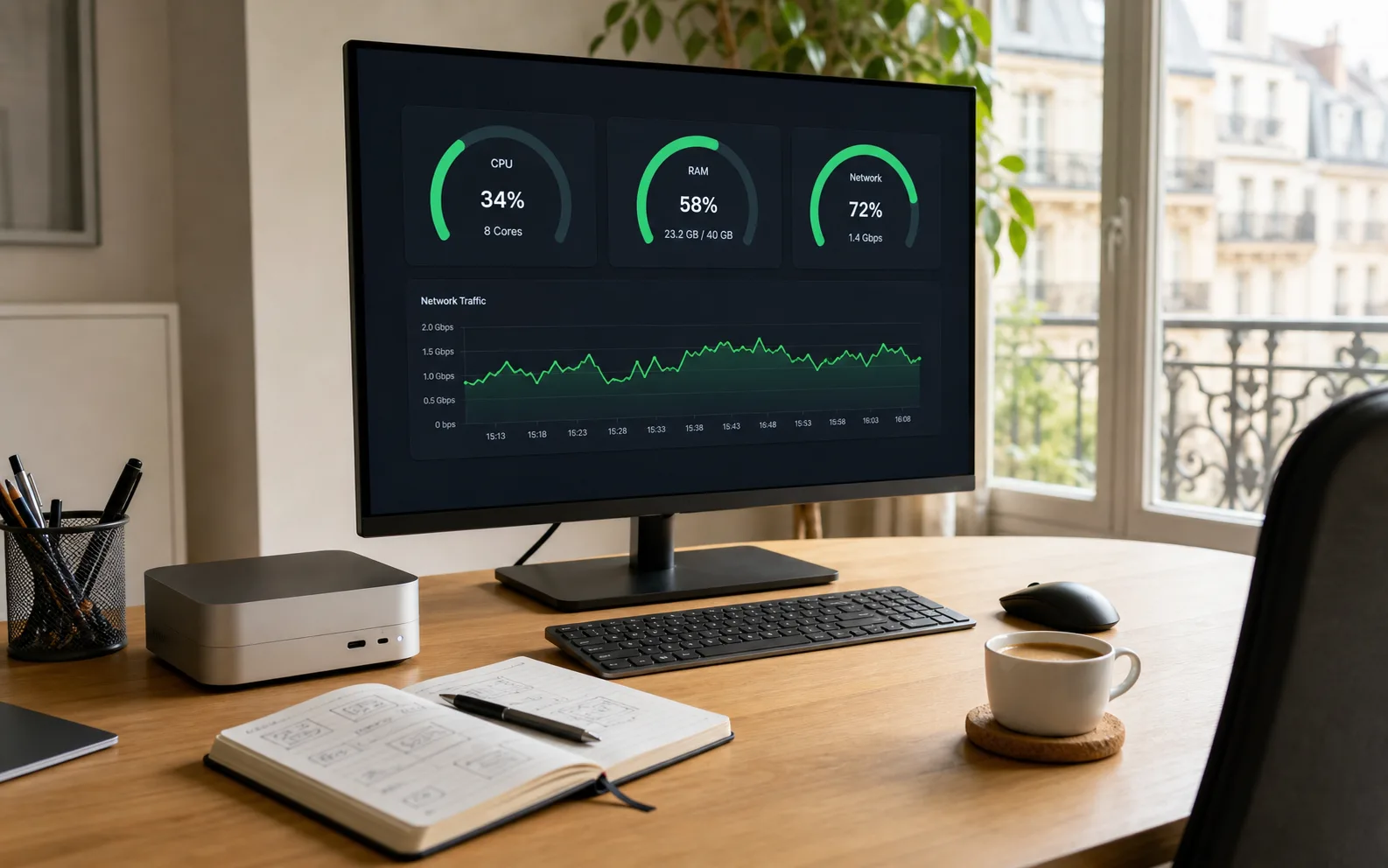 Développeur freelance surveillant les performances de son serveur VPS avec un tableau de bord CPU RAM et trafic réseau