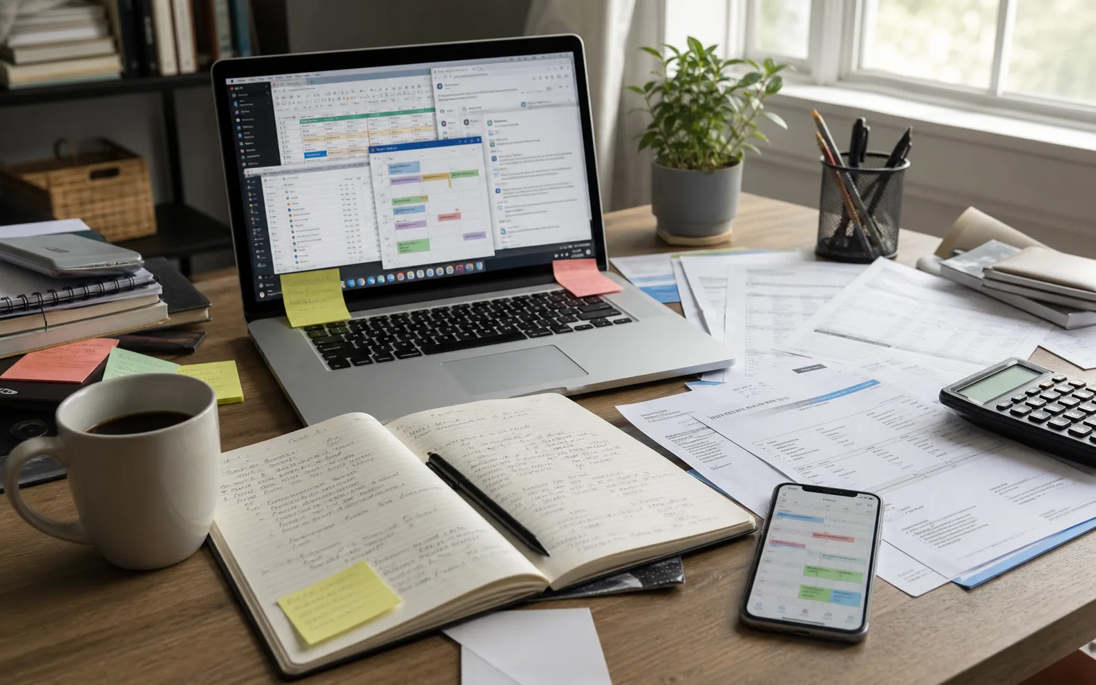 Bureau d’une indépendante avec ordinateur carnet factures et smartphone illustrant la gestion de rendez-vous et de comptes avec trop d’outils séparés