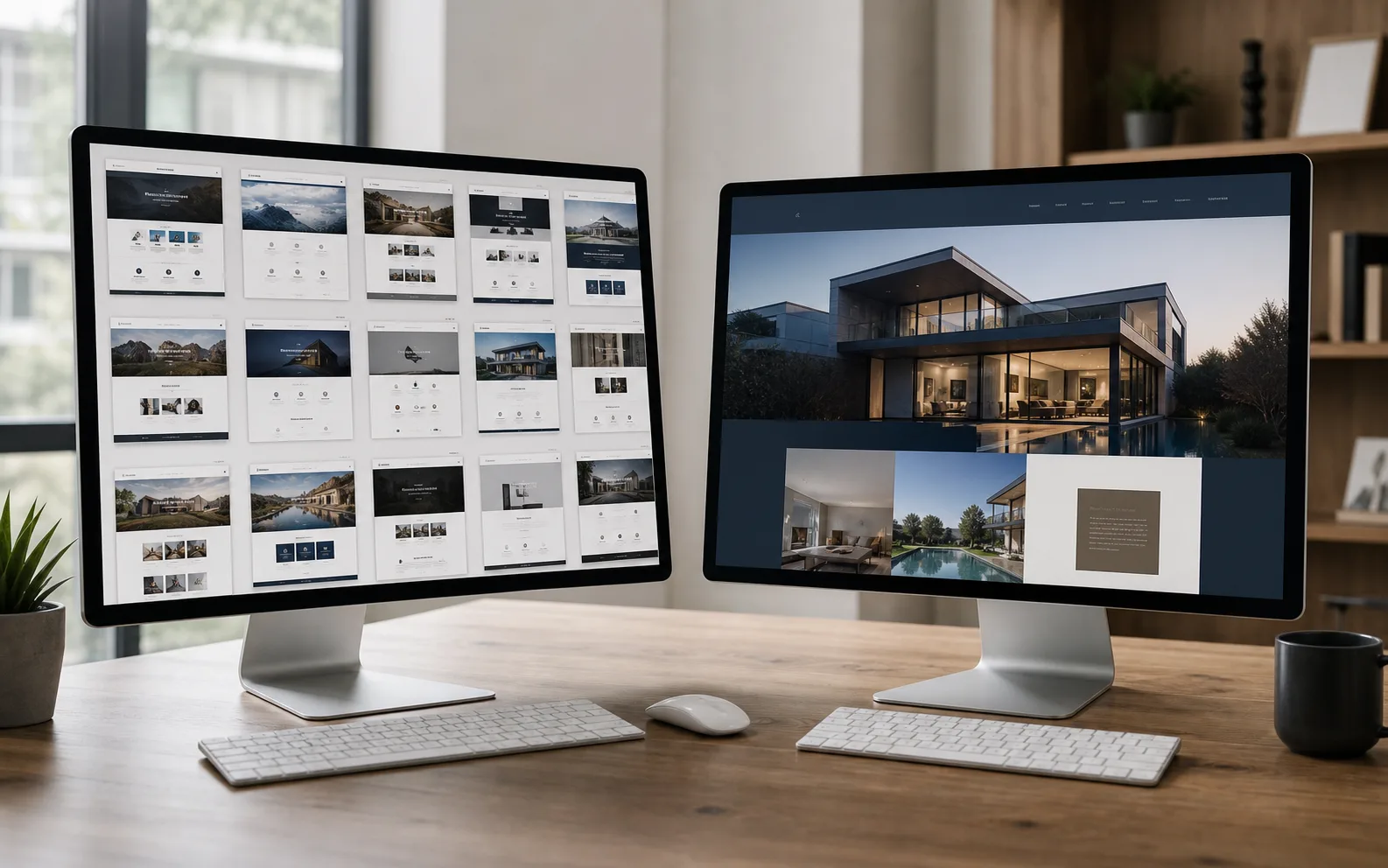 Comparaison entre une galerie de templates de sites web similaires et une maquette de site sur-mesure sur deux écrans d’ordinateur