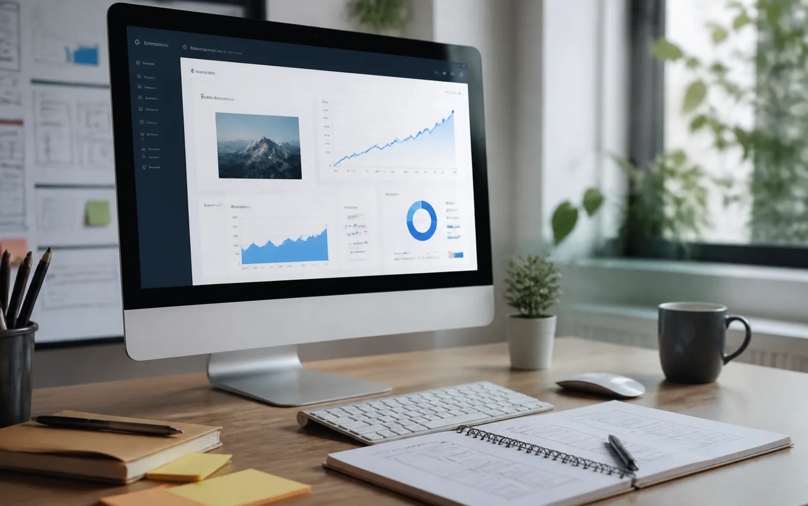 Écran montrant un site web sur-mesure avec graphiques de performance en hausse et carnet de wireframes sur le bureau