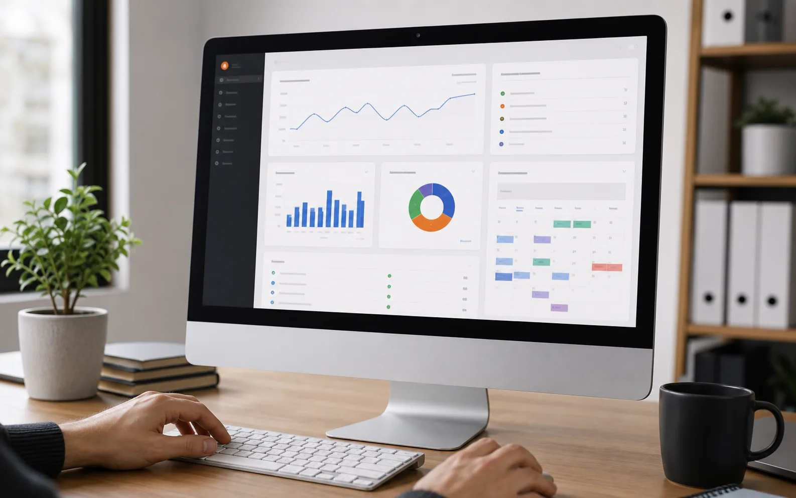 Écran d’ordinateur montrant un tableau de bord logiciel sur-mesure avec graphiques activité chiffre d’affaires URSSAF et rentabilité par prestation