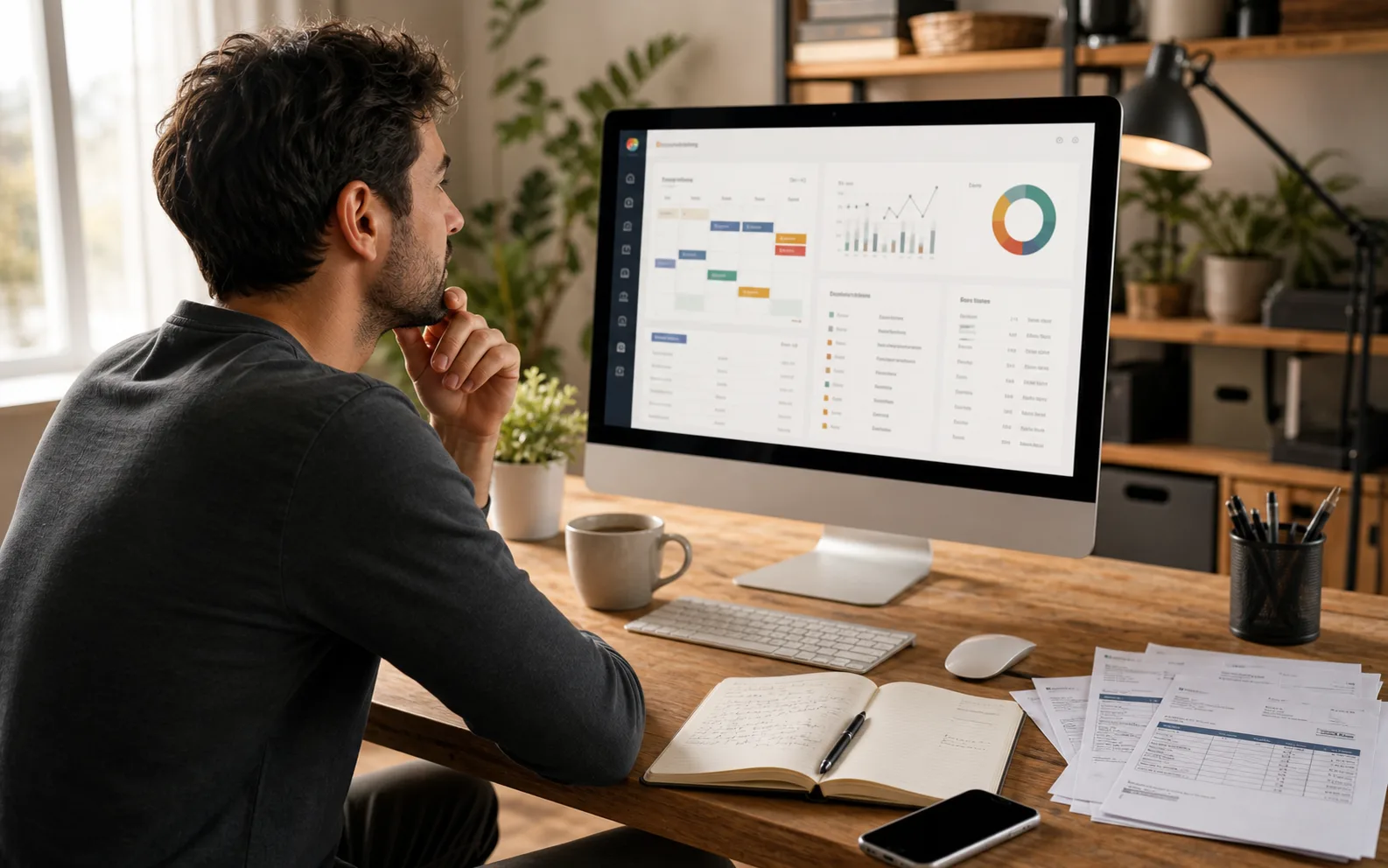 Entrepreneur devant un écran affichant un tableau de bord logiciel sur-mesure regroupant rendez-vous factures et indicateurs clés