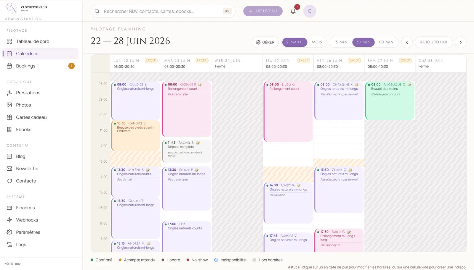 un calendrier de réservation en ligne avec options de confirmation modification et annulation