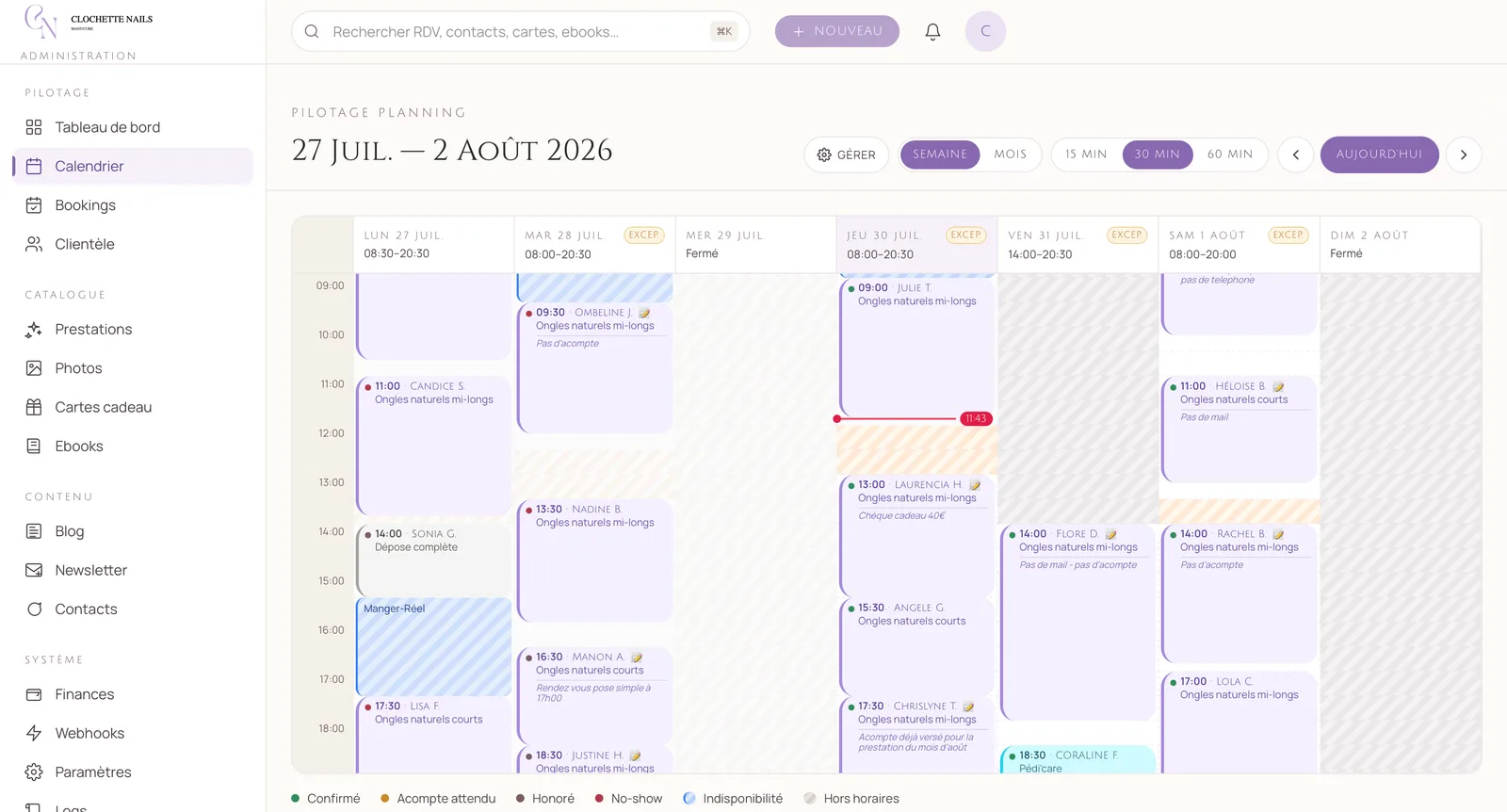 vue du calendrier administrateur de l'app de gestion pour les métiers de l'esthétique