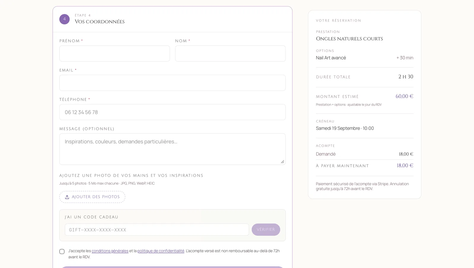 vue sur la page de réservation de l'application de gestion pour métiers de l'esthétique